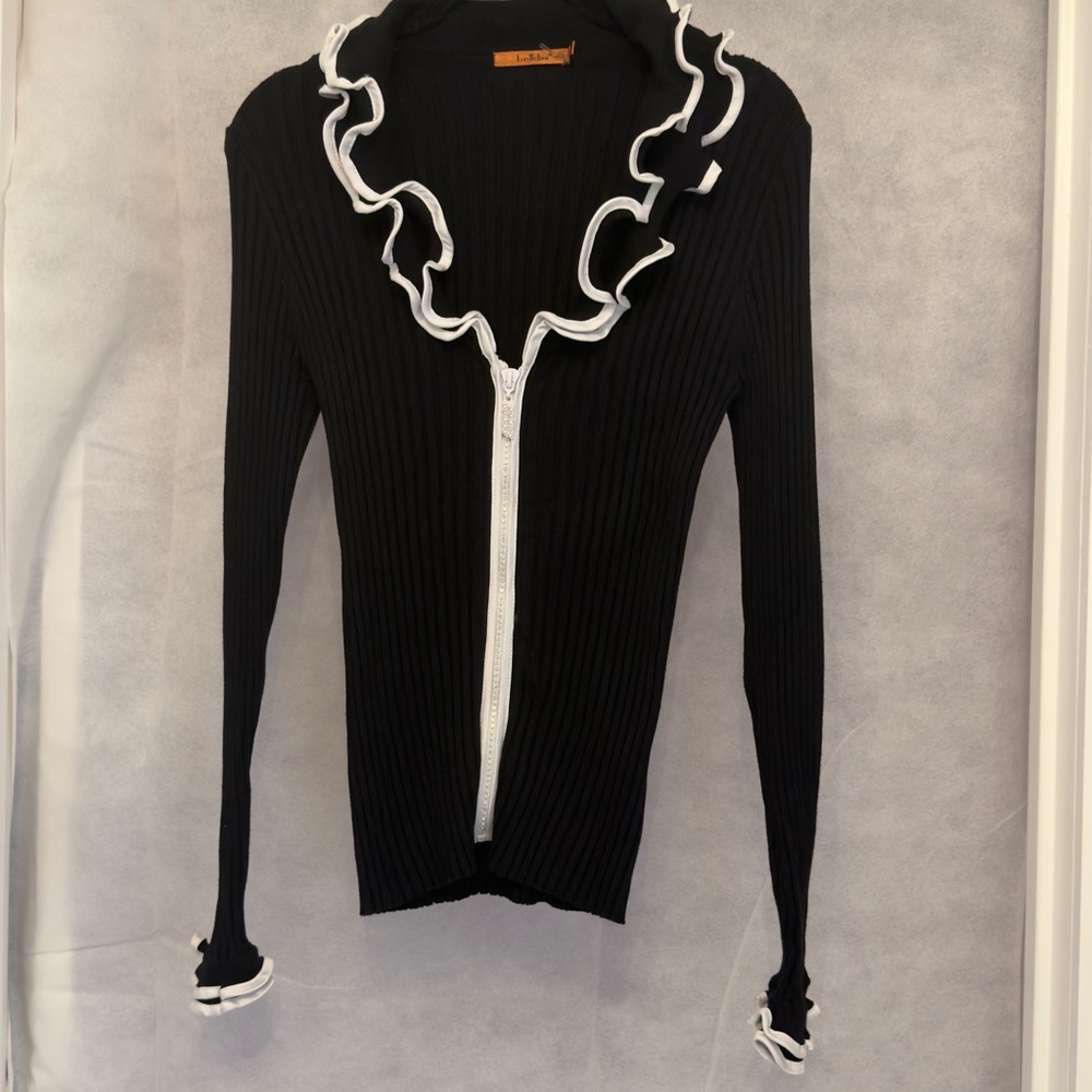 Belldini Black Ruffle-Trim Zip Front Women's Sweater